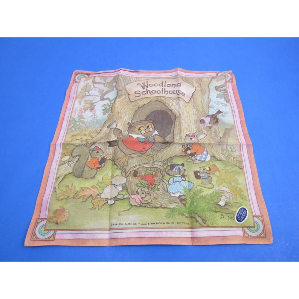 Vintage Carlton Cards Woodland Schoolhouse Fabric Scarf Hankerchief